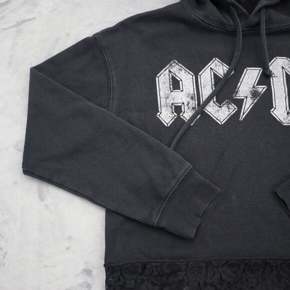 AC DC Sweatshirt Womens M Black Lace Trim Hem Drawstring Hoodie Activewear - Picture 11 of 16